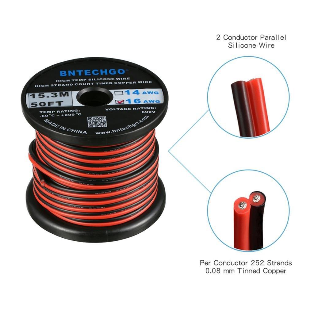 BNTECHGO BNTECHGO 16 Gauge Flexible 2 Conductor Parallel Silicone Wire Spool Red Black High Resistant 200 deg C 600V for Single Color LED Strip Extension Cable Cord,Model,50ft Stranded Tinned Copper Wire