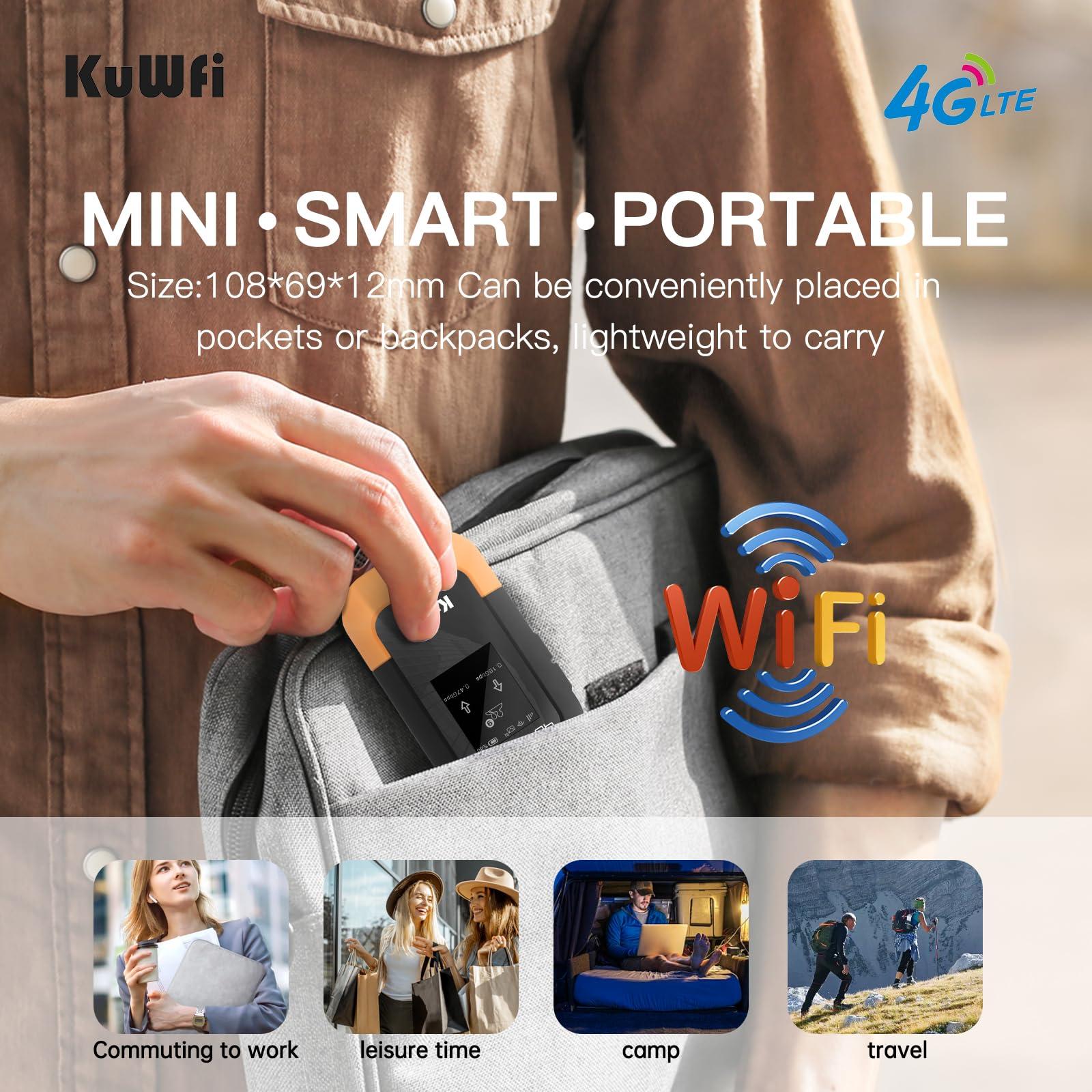 KuWFi KuWFi 4G LTE WiFi Mobile Hotspot Device, 150Mbps WiFi Hotspot Portable Travel Router Includes 2G Data, Portable WiFi Hotspot for Travel Support 10 Devices, AT&T T-Mobile, B2/B4/B5/B12/B13/B66