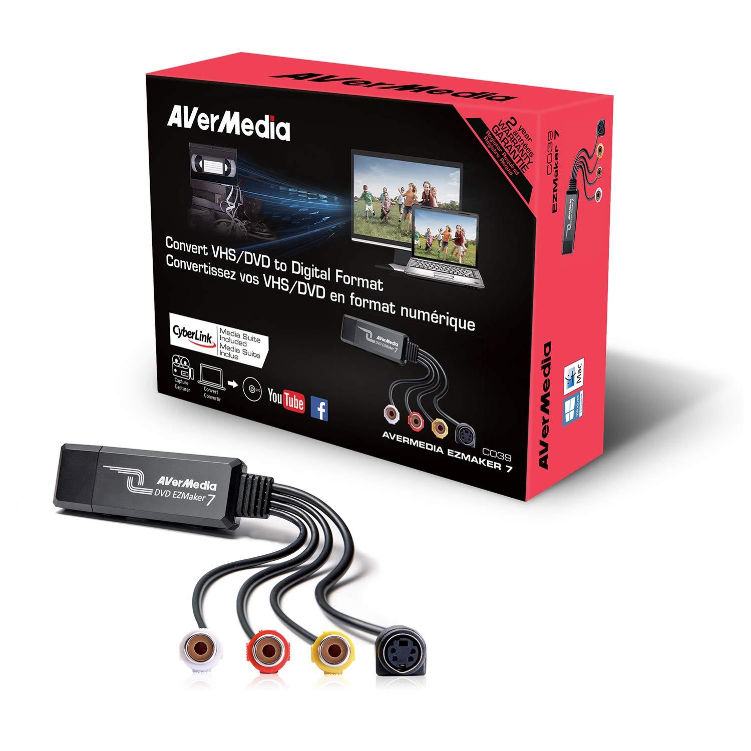 AVerMedia AVerMedia EZMaker 7, USB Video Capture Card , Analog to Digital Recorder, RCA Composite, VHS to DVD, S-Video, Support Windows 11, Mac 10.11/10.12 (C039), Black,3.2 x 1.1 x 0.5 in (82 x 28.5 x 14 mm)