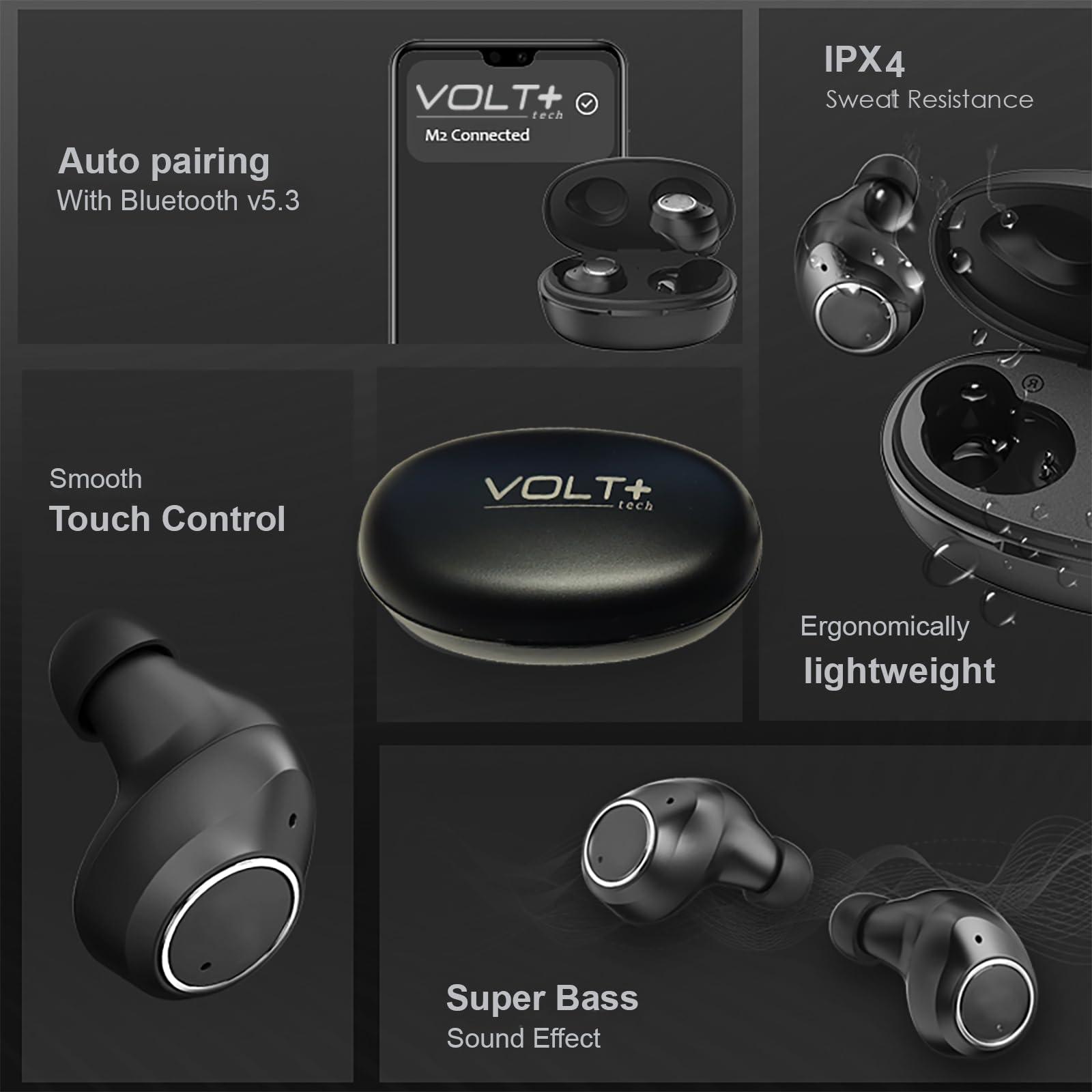 VOLT PLUS TECH Wireless V5.3 Bluetooth Earbuds Compatible with Vivo V30 Pro IPX6 Super Bass Plus 24Hrs Charging Travel Case for in-Ear Headphones