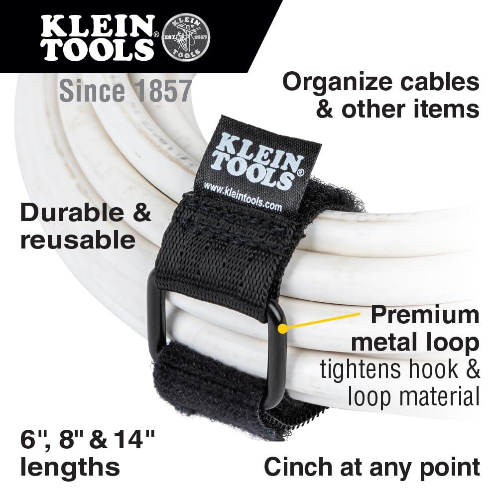 Klein Tools Klein Tools 450-600 Cable Organizer, Hook and Loop Cinch Strap Cable Ties, Includes Two 6-Inch, Two 8-Inch and Two 14-Inch Straps, Black