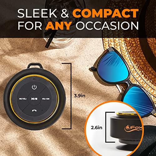 iFox Creations iFox Portable Bluetooth Shower Speaker, IPX7 Waterproof Outdoor Wireless Speaker, Built-in Mic, Carabiner, Beach, Camping, Hiking, Pool, Great Gift, Black/Gold