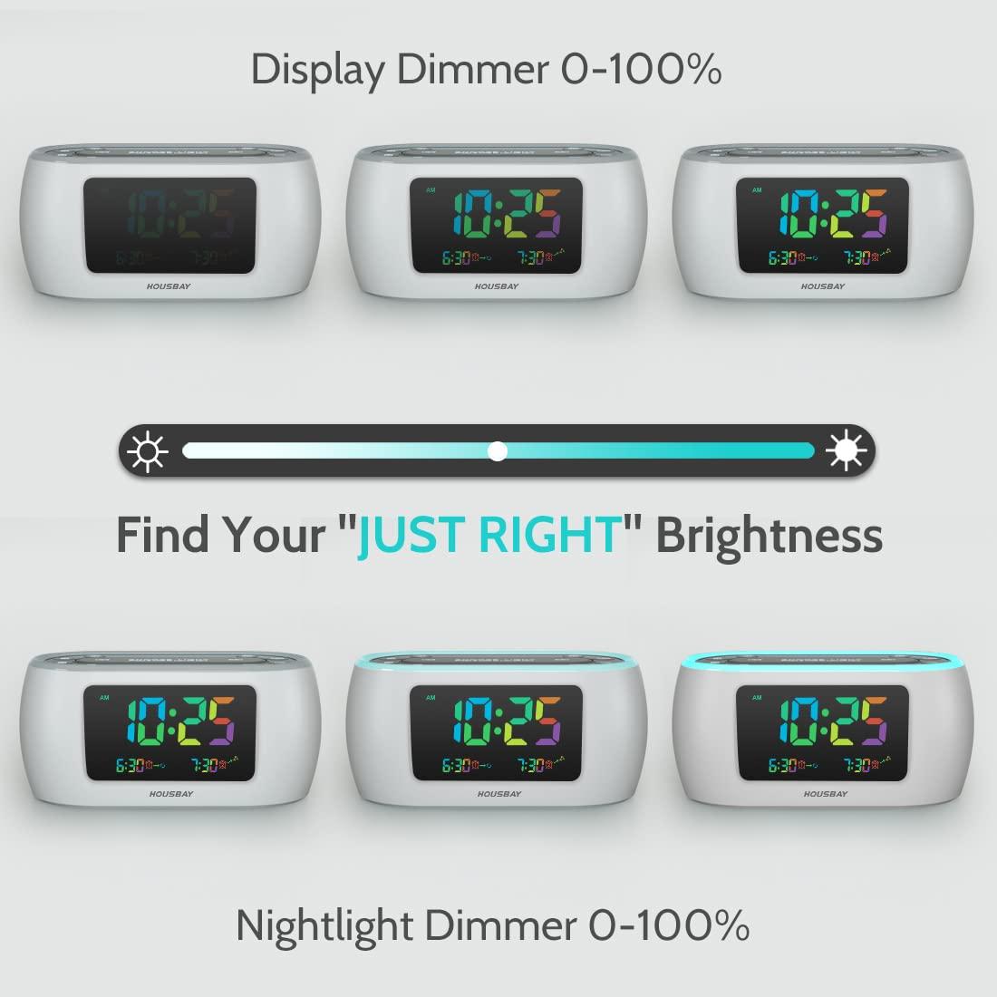 HOUSBAY HOUSBAY Glow Small Colorful Alarm Clock Radio with Rainbow Digit, 7 Color Night Light with ON/Off Options, Dual Alarm, Dimmer, FM Radio with SleepTimer for Bedrooms