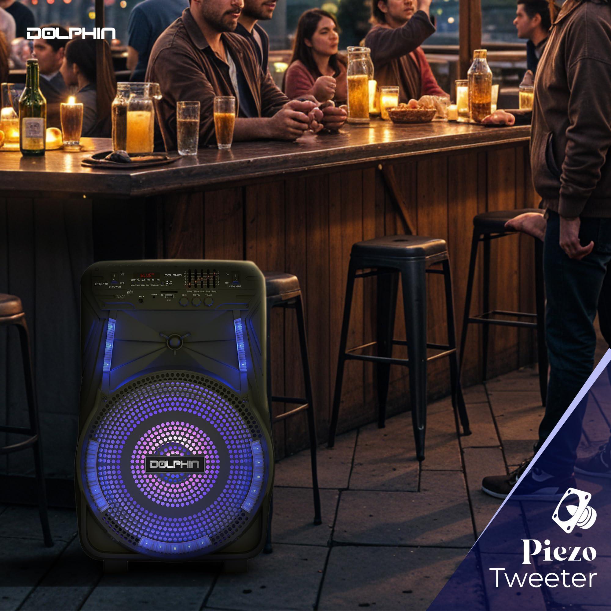 Dolphin Dolphin 12-Inch Rechargeable Bluetooth Party Speaker High Power Sound, TWS Compatibility, LED Lights, 5-Band Equalizer, Portable Design with Trolley and Wheels