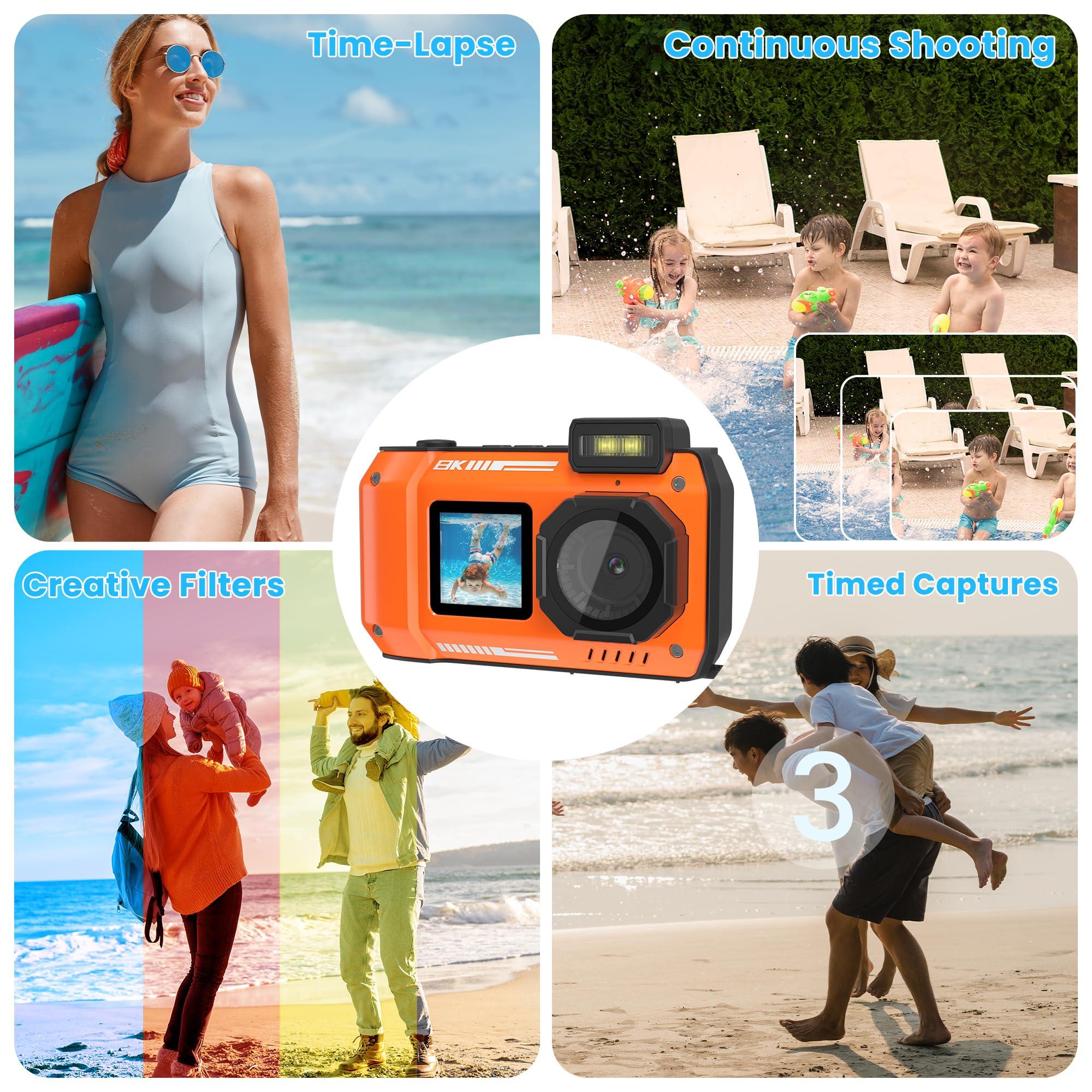 KitkidKind 8K 70MP Digital Camera with 64G Card 33FT Underwater Camera Waterproof Camera Rugged Dustproof Shockproof for Snorkeling 18X Zoom Autofocus Selfie Dual-Screen Camera Snorkeling Point and Shoot Camera