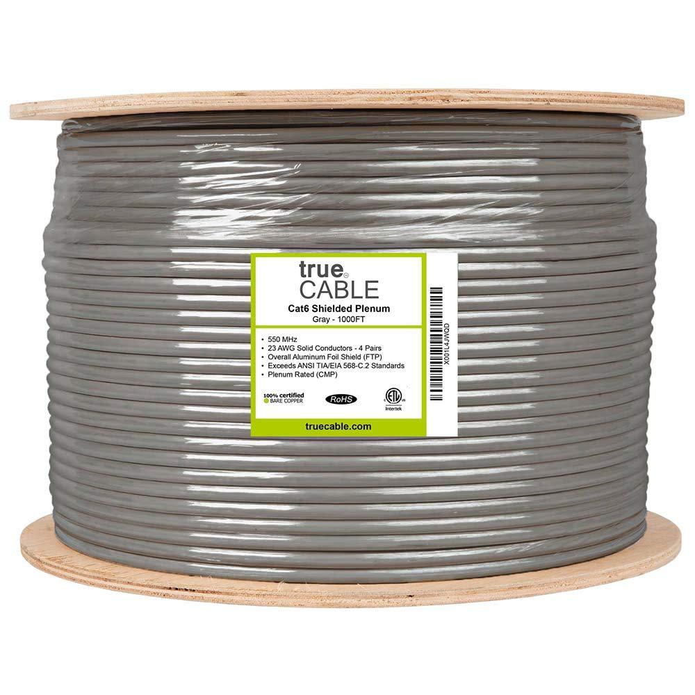 TRUE CABLE trueCABLE Cat6 Plenum Shielded (CMP), 1000ft, Gray, 23AWG Solid Bare Copper, 550MHz, PoE++ (4PPoE), ETL Listed, Overall Aluminum Foil Shield (F/UTP), Bulk Ethernet Cable