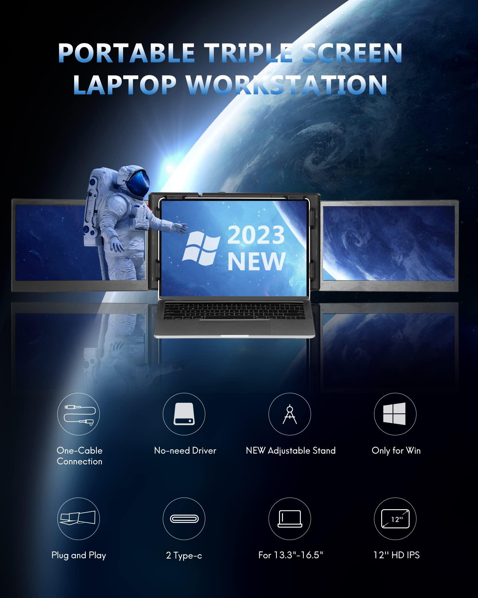 Alecewey Alecewey Triple Portable Monitor for Laptop Screen Extender Dual Monitor Extender 12 Inch FHD 1080P IPS Display Extender 2 Type-C P2S for 13-16.5 Inch ComputerOnly Windows