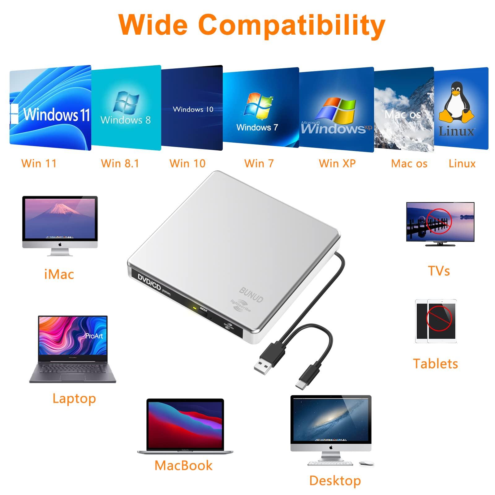 BUNUD External CD DVD Drive LightScribe CD/DVD +/-RW Burner Player Writer Optical Disk Reader Portable CD DVD Drive for Laptop Mac MacBook PC Windows 11 10 Linux OS