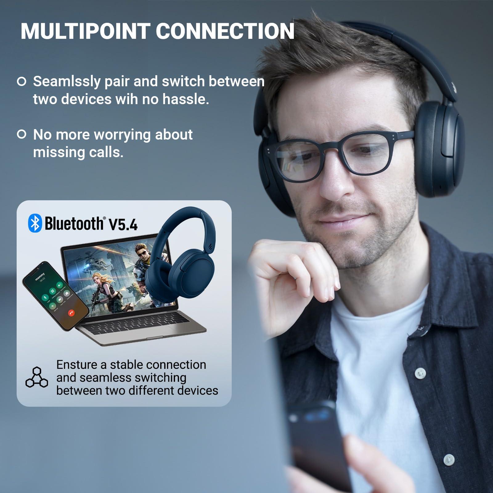 Edifier Edifier V80 Hybrid Active Noise Cancelling Headphones, True Wireless Over Ear Bluetooth Headset with 45H Playtime Hi-Res Audio Fast Charging Multipoint Connection for Travel Home Office (Navy)