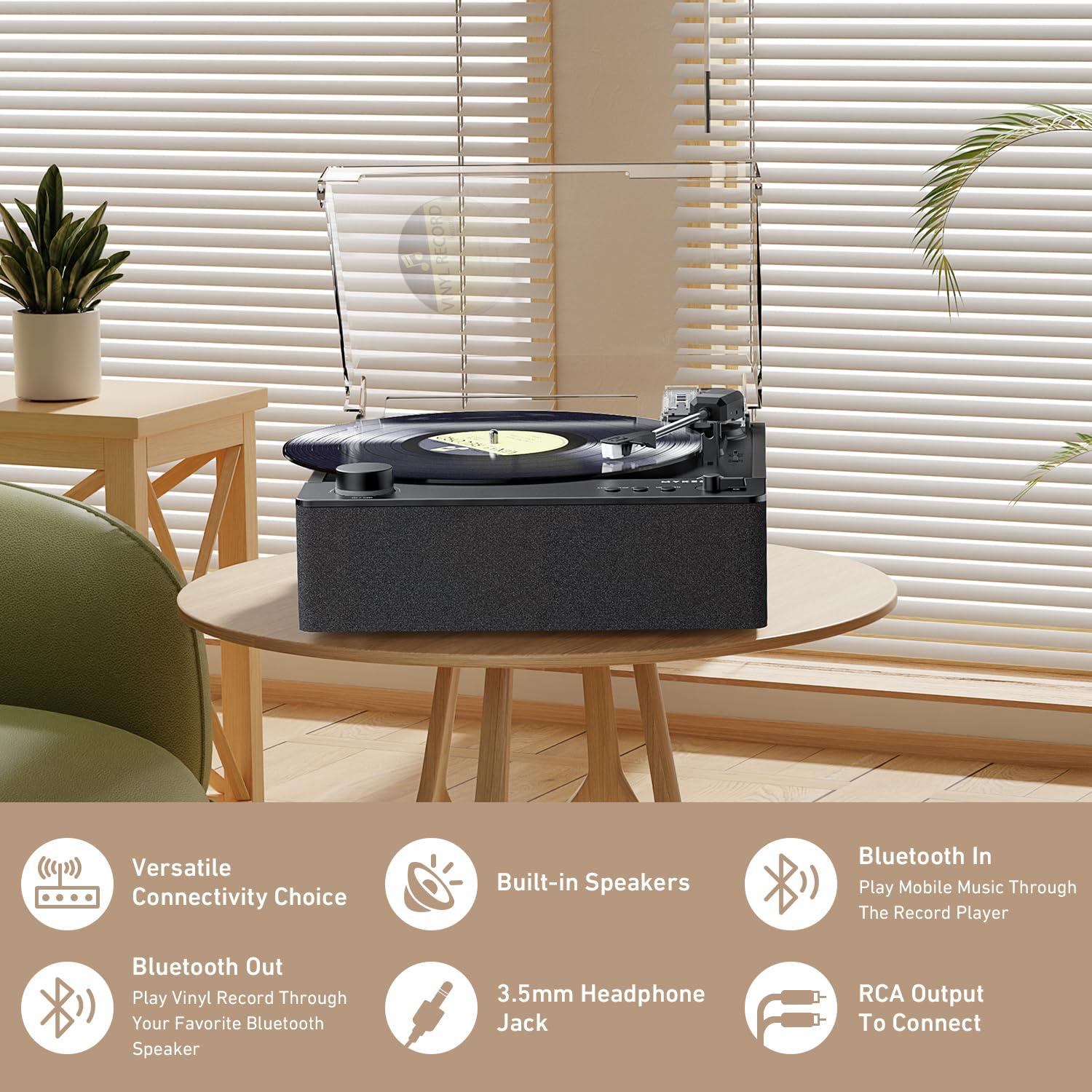 MYKESONIC MYKESONIC Fully Automatic Record Player, Bluetooth Belt Drive Vinyl Turntable, Magnetic AT-3600L Cartridge, Bluetooth in & Out, Hi-Fi Stereo Speakers, Aux in Headphone, RCA Out, Anti-Resonance - Black