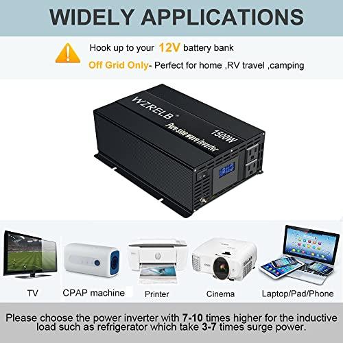 WZRELB WZRELB Pure Sine Wave Inverter 1000W 12VDC to 120VAC Solar Power Converter Truck RV Home LCD Display