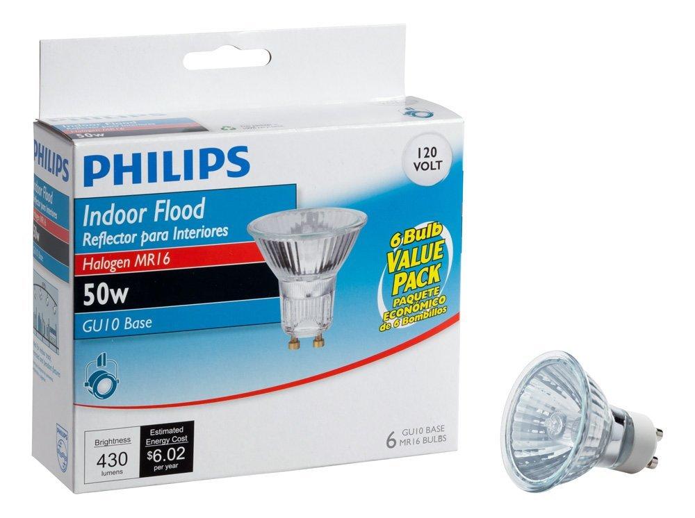 Philips LED PHILIPS 415760 50-Watt Halogen Indoor Flood MR16 GU10 Base 120-Volt Light Bulb, 6-Pack