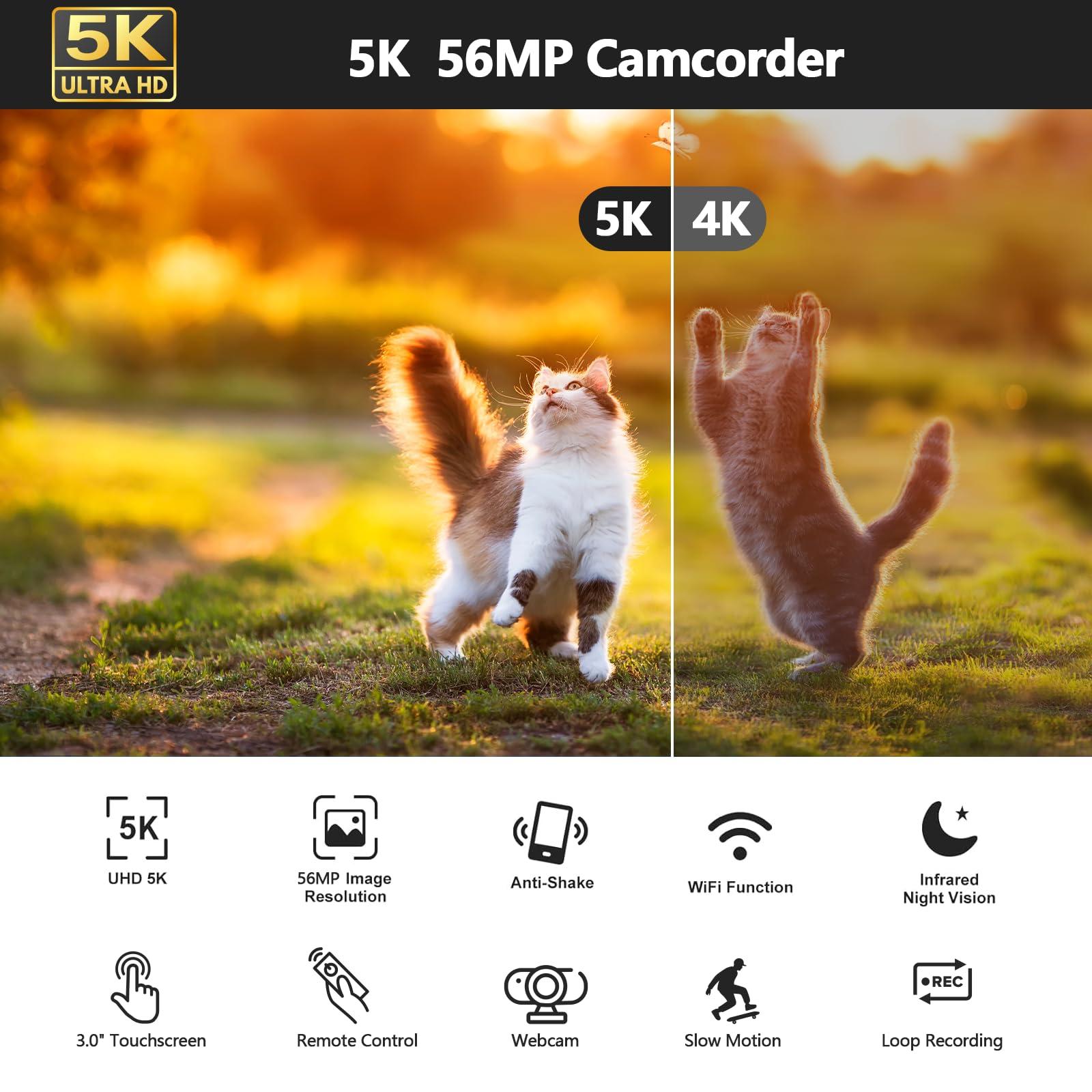 CAMWORLD Camcorder Video Camera, 5K 56MP Vlogging Camera YouTube WiFi Night Vision 3 270 Rotatable Touchscreen Podcast Cameras Recorder with 64GB SD Card, Microphone, Stabilizer, Remote, Batteries, Tripod