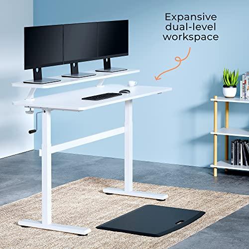 Stand Steady Stand Steady Tranzendesk 55 Inch Standing Desk with Clamp-On Shelf | Crank Height Adjustable Stand Up Workstation with Attachable Monitor Riser | Extra Large Sit Stand Desk Hold 3 Monitors (White)