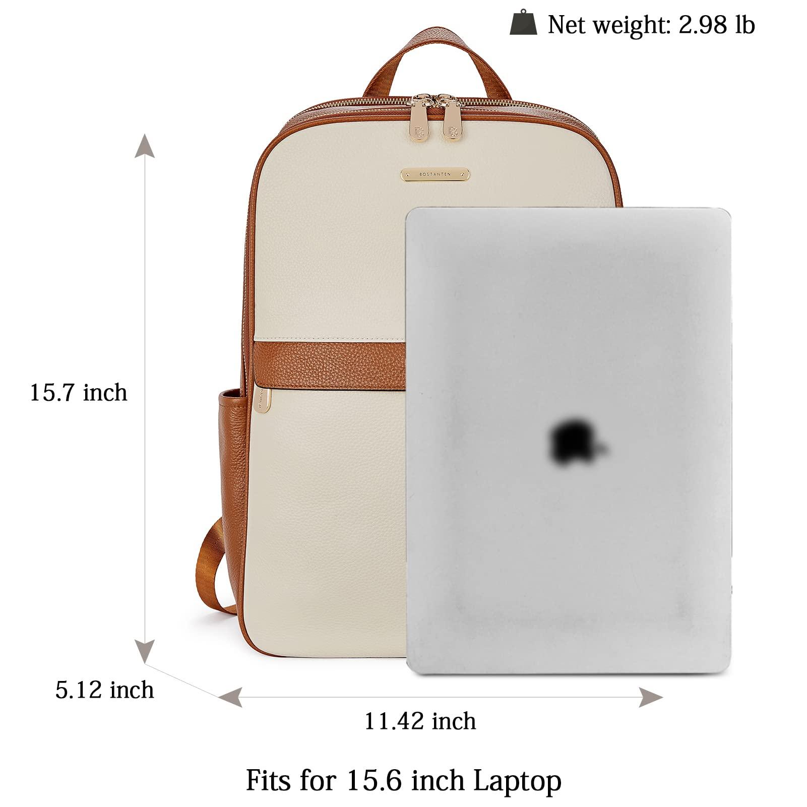 BOSTANTEN BOSTANTEN Genuine Leather 15.6 inch Laptop Backpack Purse for Women College Casual Backpack Travel Bag Daypack Beige-brown