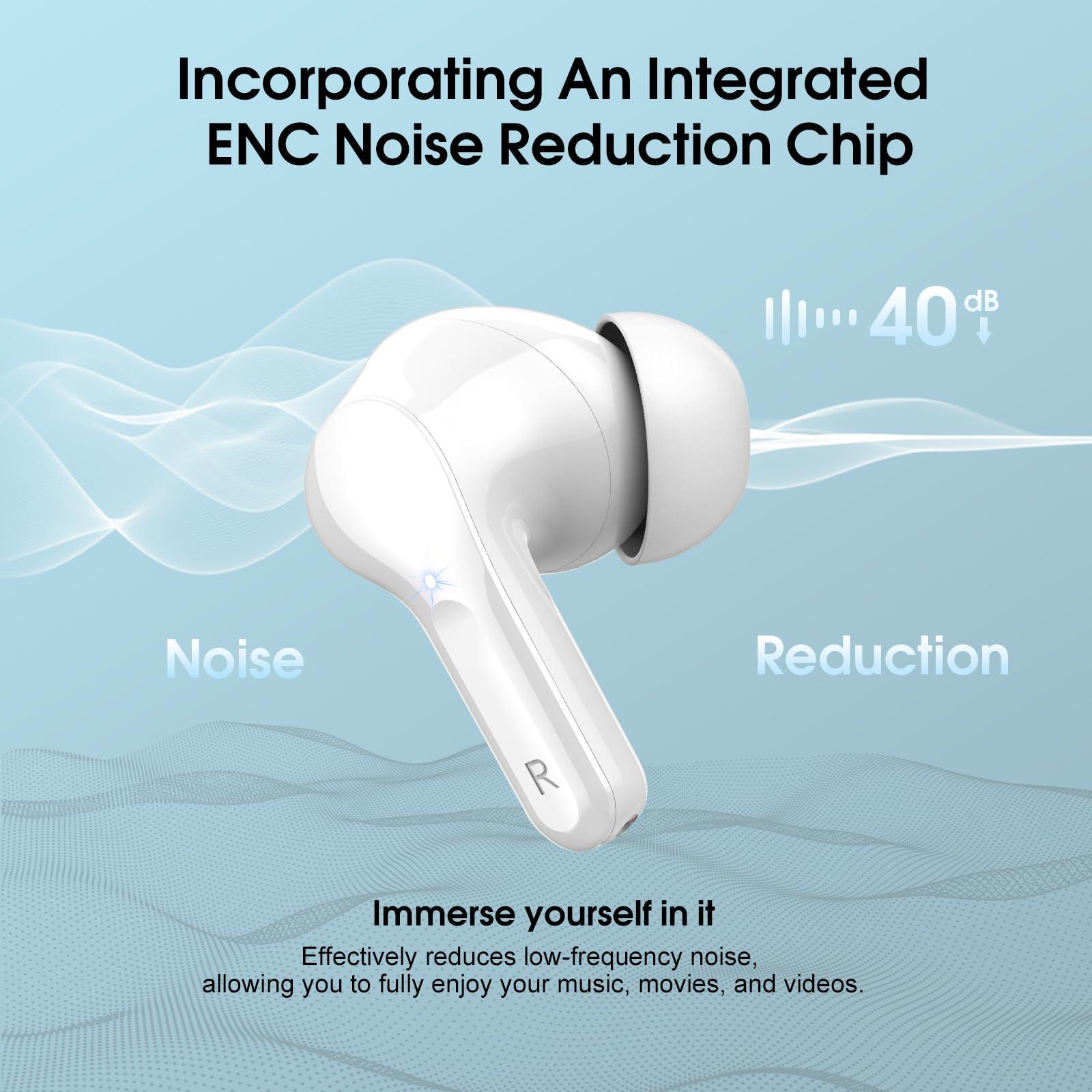 BESNOOW Wireless Earbuds Bluetooth 5.3 Headphones, 40H Playback HiFi Stereo Ear Buds with LED Display, ENC Noise Cancelling Earbuds, IP7 Waterproof in-Ear Earphone for iOS Andriod Sport/Workout/Running/White