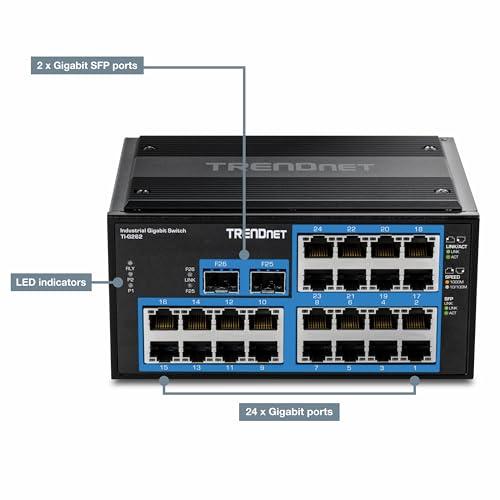 TRENDnet TRENDnet 26-Port Hardened Industrial Gigabit DIN-Rail Switch, TI-G262, 24 x Gigabit Ports, 2 x Gigabit SFP Ports, 52Gbps Switching Capacity, Lifetime Protection, Black