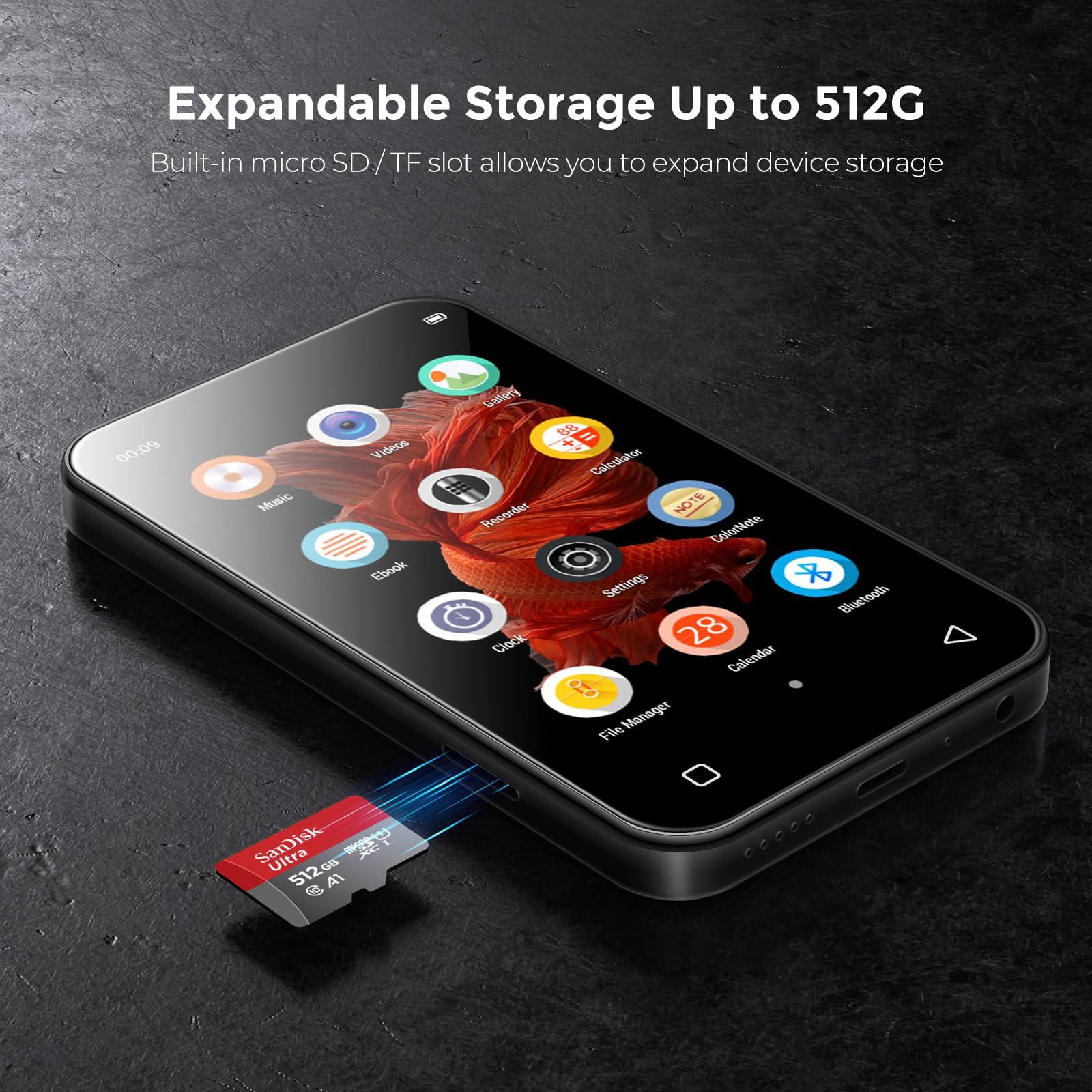 TIMMKOO TIMMKOO 72GB MP3 Player with Bluetooth, 4.0\" Full Touchscreen Mp4 Mp3 Player with Speaker, Portable HiFi Sound Mp3 Player with Bluetooth, Voice Recorder, E-Book, Supports up to 512GB TF Card (Black)