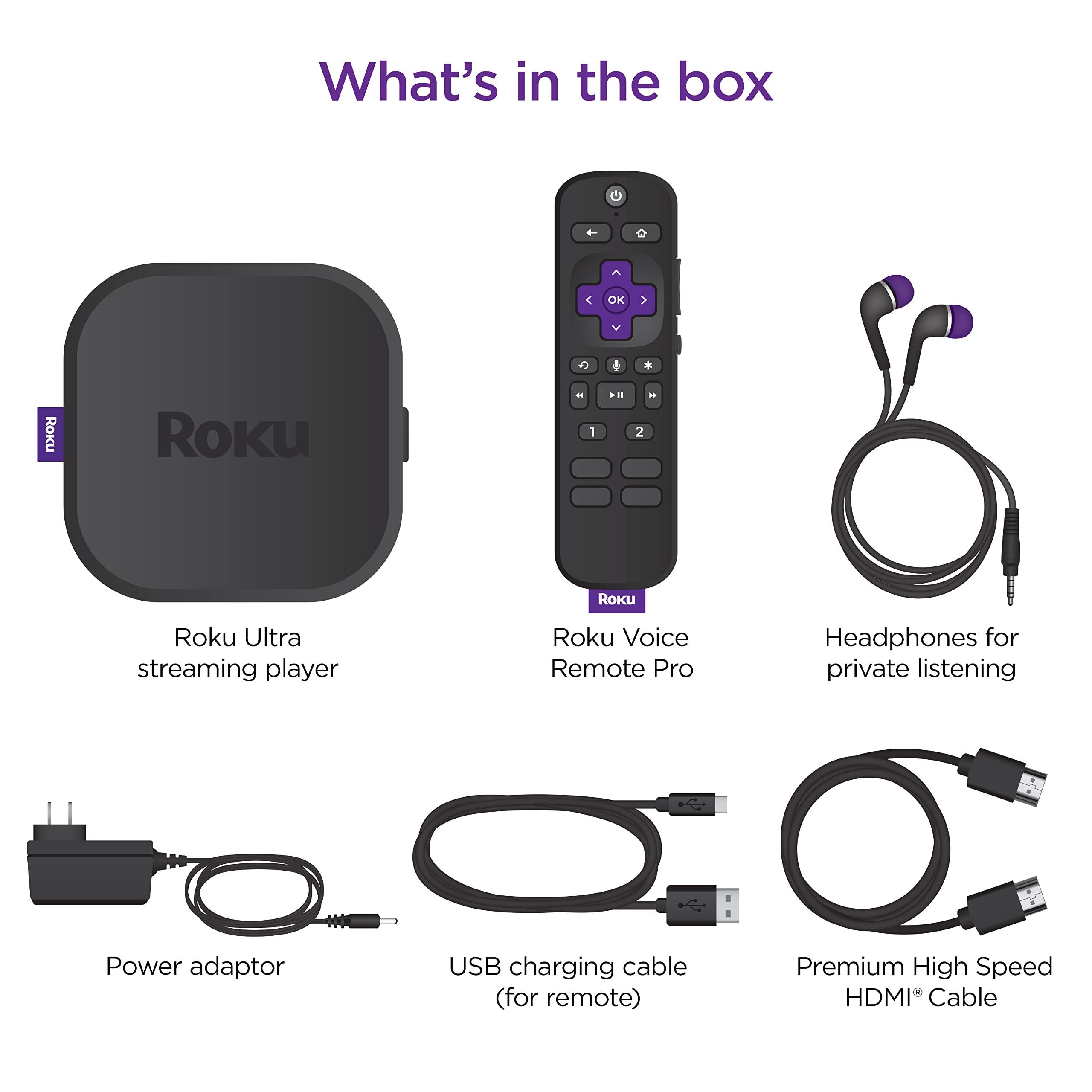 Roku Roku Ultra | The Ultimate Streaming Device 4K/HDR/Dolby Vision/Atmos, Rechargeable Roku Voice Remote Pro, Ethernet Port, Hands-Free Controls, Lost Remote Finder, Free & Live TV