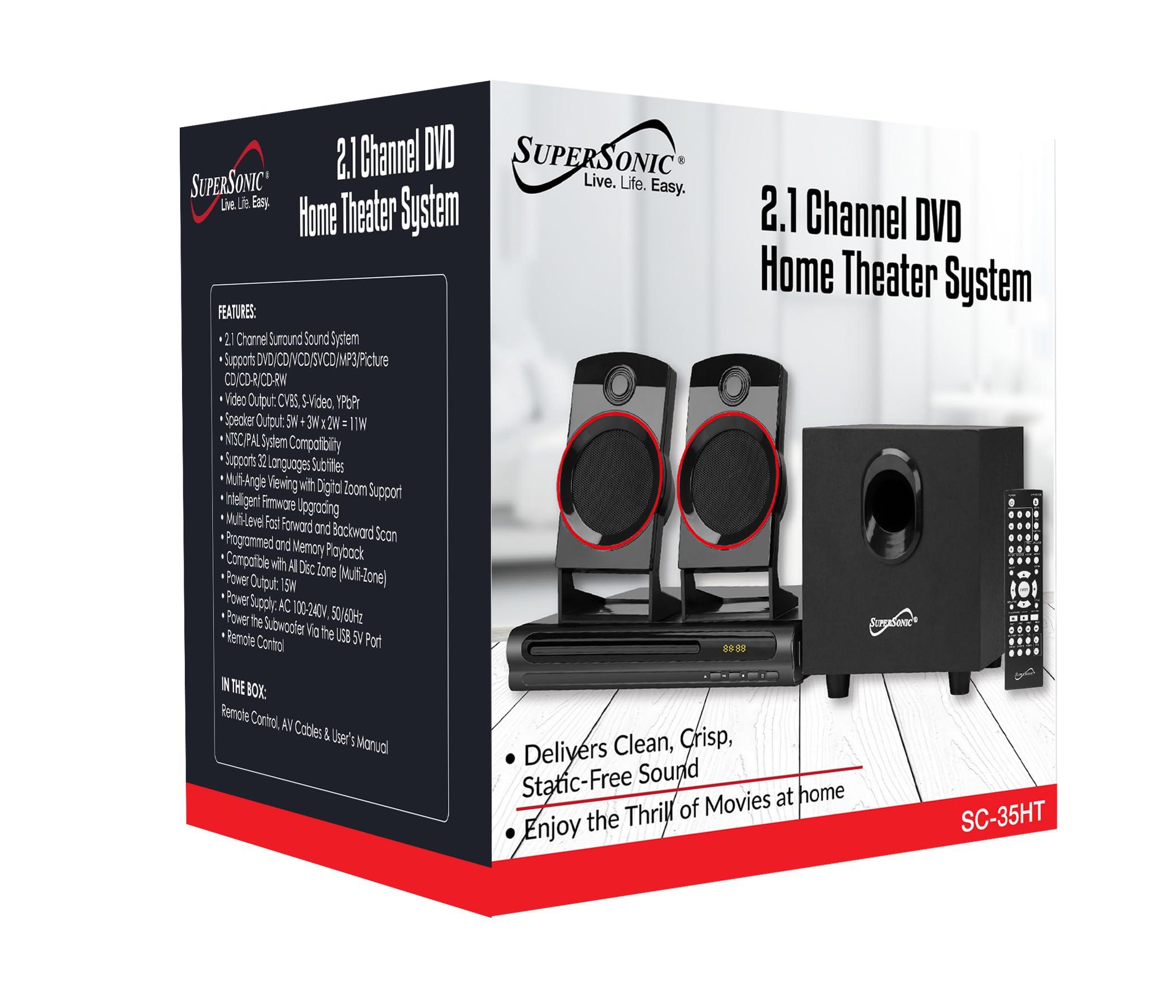 Supersonic Supersonic SC-35HT Home Theater System, w/ 2.1 Channel Speakers, Bluetooth, Multi-Zone DVD/CD Playback, HDMI Video Output, 32 Languages, Digital Zoom, NTSC/PAL Compatible, Subwoofer, Remote Control