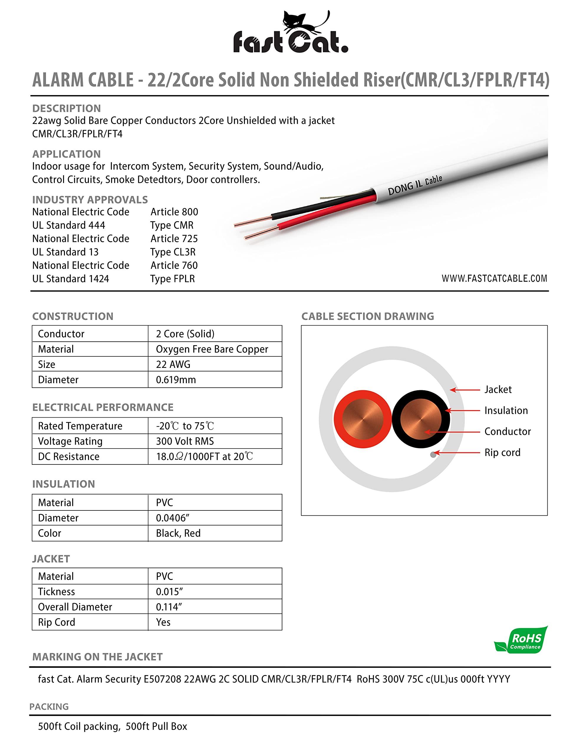 fast Cat. Fast Cat. 22 AWG/Gauge, 2 Conductor 500ft, White Fire/Alarm/Security Cable - PVC Jacket, Unshielded, (CMR-CL3R-FT4) Rated in-Wall Use- UL Rated - Coil
