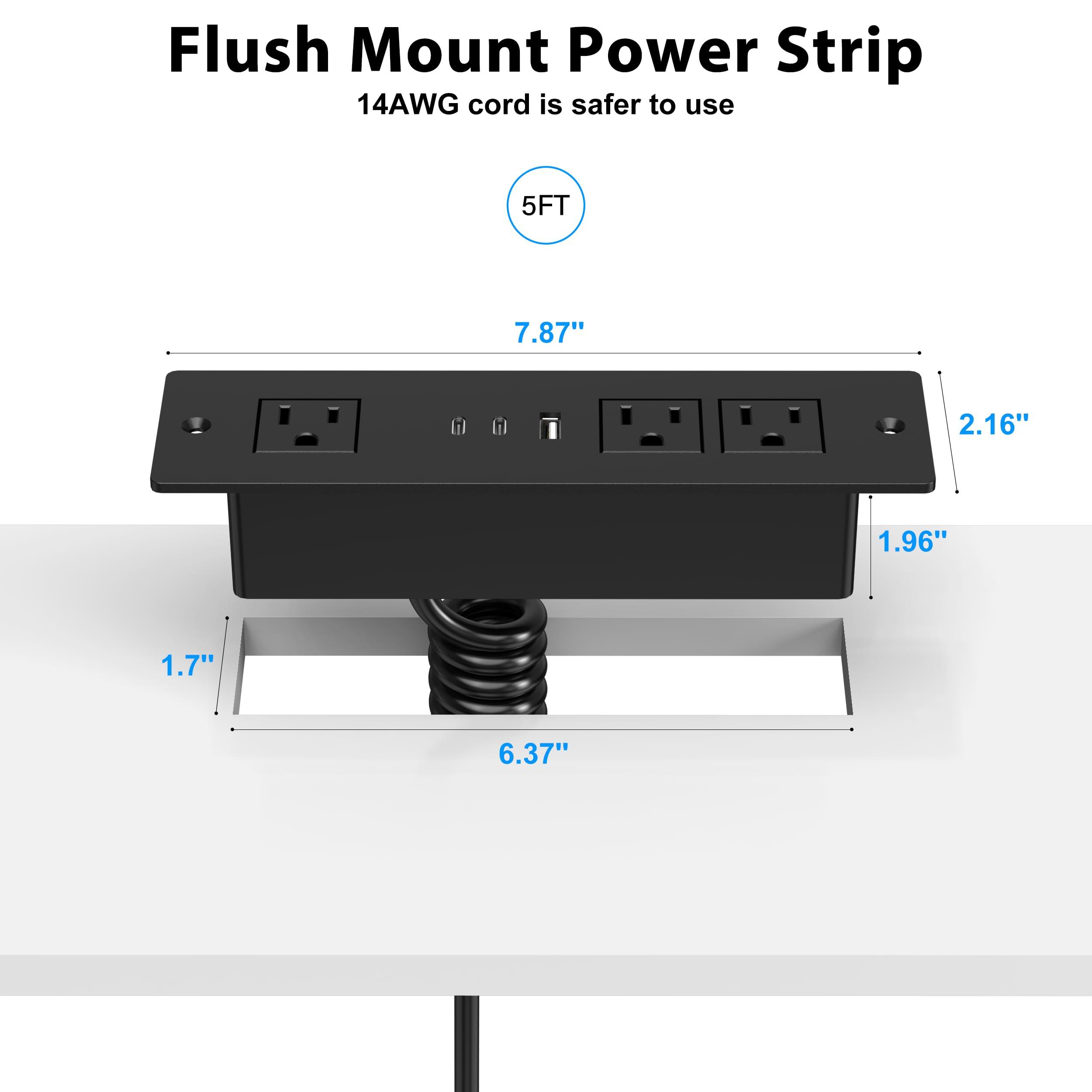 HEZI Furniture Drawer Outlet, Recessed Power Strip with (3) PD 20W USB Ports Fast Charging & (3) 15 Amp AC Outlets, (14 AWG) 5 FT Spring Black Cord