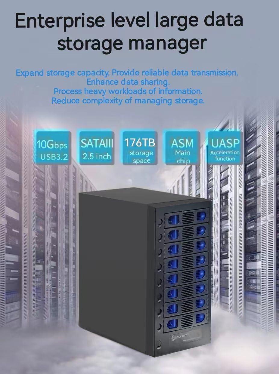 IO CREST 8 Bay Tool Less Tray Hot Swapable 2.5" and 3.5" SATA Hard Drive External USB-C 3.2 (10Gbps) Hard Drive Enclosure. Support up to 8X 22TB Capacity.