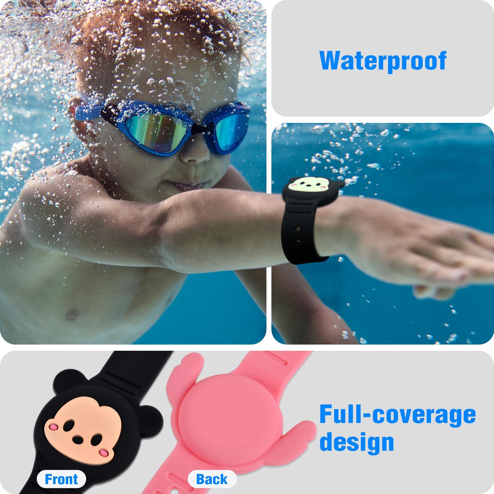 ZHOC 2 Pack AirTag Holder for Kids, Waterproof Airtag Bracelet for Kids with Cute Cartoon Design, Full Coverage Anti-Lost Silicone Airtag Accessories for Child, Healthy Material Pink + Blue