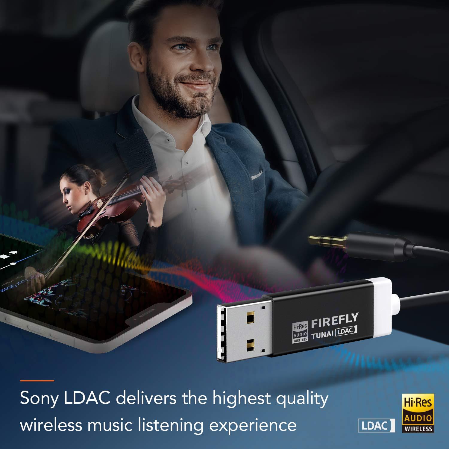 TUNAI TUNAI Firefly LDAC Bluetooth Receiver: High Resolution Wireless Audio Bluetooth 5.0 Adapter with Audiophile USB DAC 3.5mm AUX for Car/Home Stereo Hi Res Music Streaming; Auto On, No Charging Needed