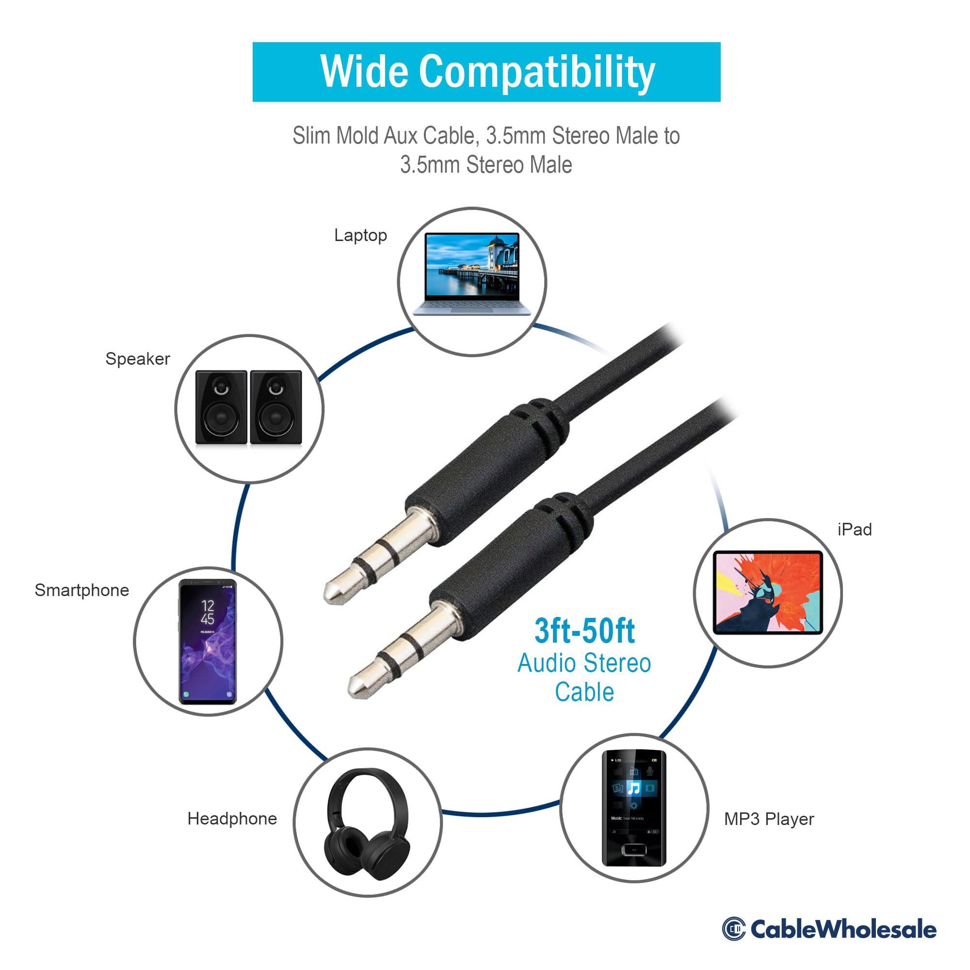 CableWholesale Slim 28 AWG 3.5mm Stereo Male to Male Aux Cable, Black, 25 Feet