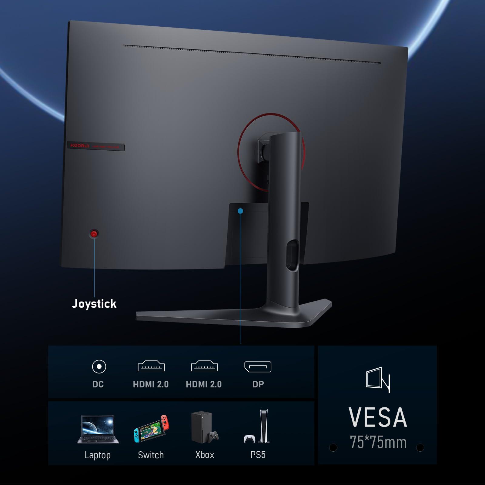 KOORUI KOORUI 32 inch Curved Gaming Monitor - QHD (2560 x 1440) 2K Display, 170Hz 144Hz Monitor, 1500R Curvature, 1ms, HDR10, Adaptive Sync, Tilt Adjustable, DisplayPort HDMI, Black - GA01