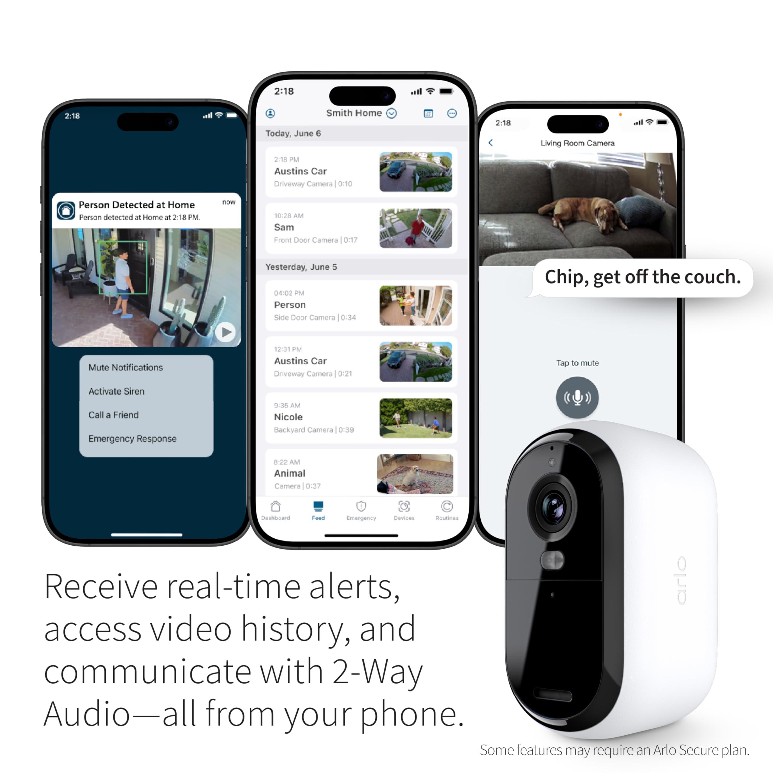 Arlo Arlo Essential Security Camera 1080p HD | Outdoor - Indoor | 2nd Gen | Wireless with Spotlight, 2-Way Audio, Color Night Vision, Live Stream, Real Time Notifications, Wide Angle - White, 3 Cameras