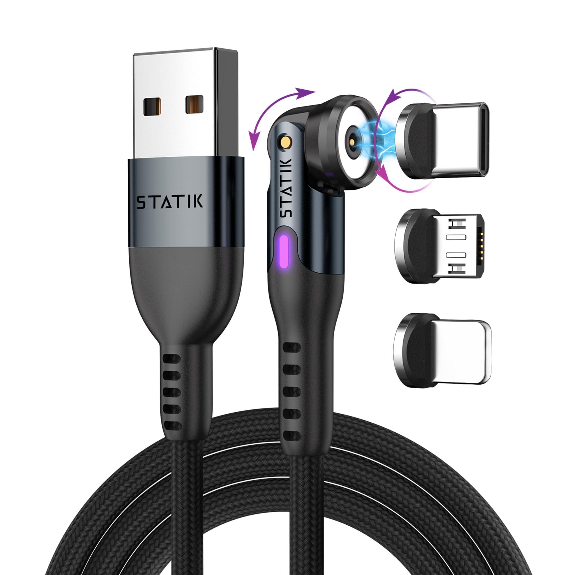 Statik Statik 360 Rotating Magnetic Charging Cable - 3FT/1M USB C Charger, 3 Interchangeable Tips for iProduct, Micro-USB & USB-A Devices, Black