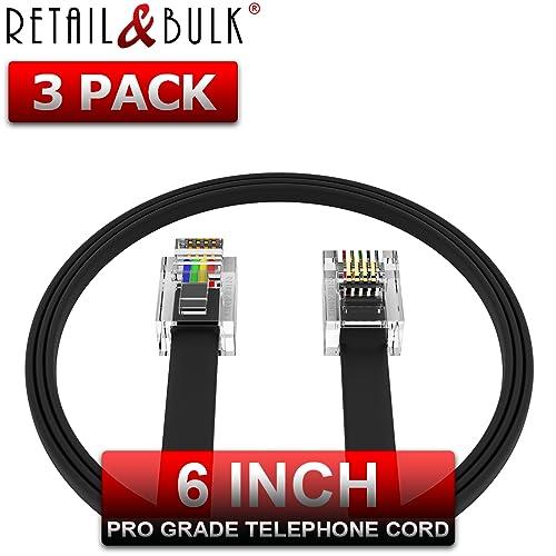 RetailAndBulk (3 Pack) 6 Inch Short Telephone Cable RJ11 Male to Male 6P4C Phone Line Cord with High End Materials, 100% Copper and Thick Gold Plating. Made in USA by Retail&Bulk (6 Inches, Black)