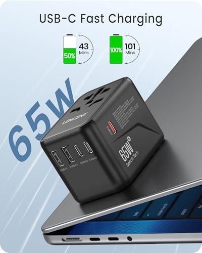LENCENT LENCENT Universal Travel Adapter, GaN III 65W International Charger with 2 USB Ports & 3 USB-C PD Fast Charging, All in One Outlet Adaptor for iPhone,Laptops, Type A/C/G/I (USA/UK/EU/AUS)