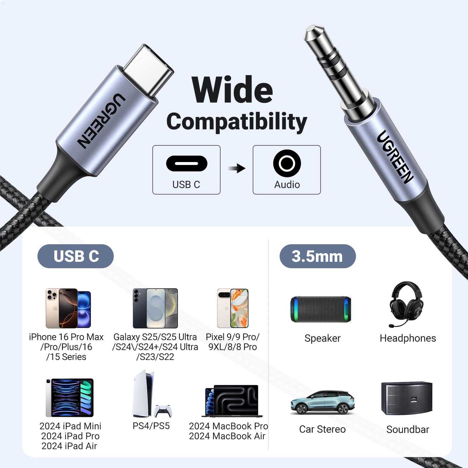 UGREEN UGREEN Aux to USB C Type C to 3.5mm Audio Adapter Hi-Fi Stereo Cord Headphone Male Car Auxiliary Cable Compatible with iPhone 16 15 Pro Max Plus, Galaxy S25 S24 Ultra iPad Pixel 9, Grey, 3.3FT