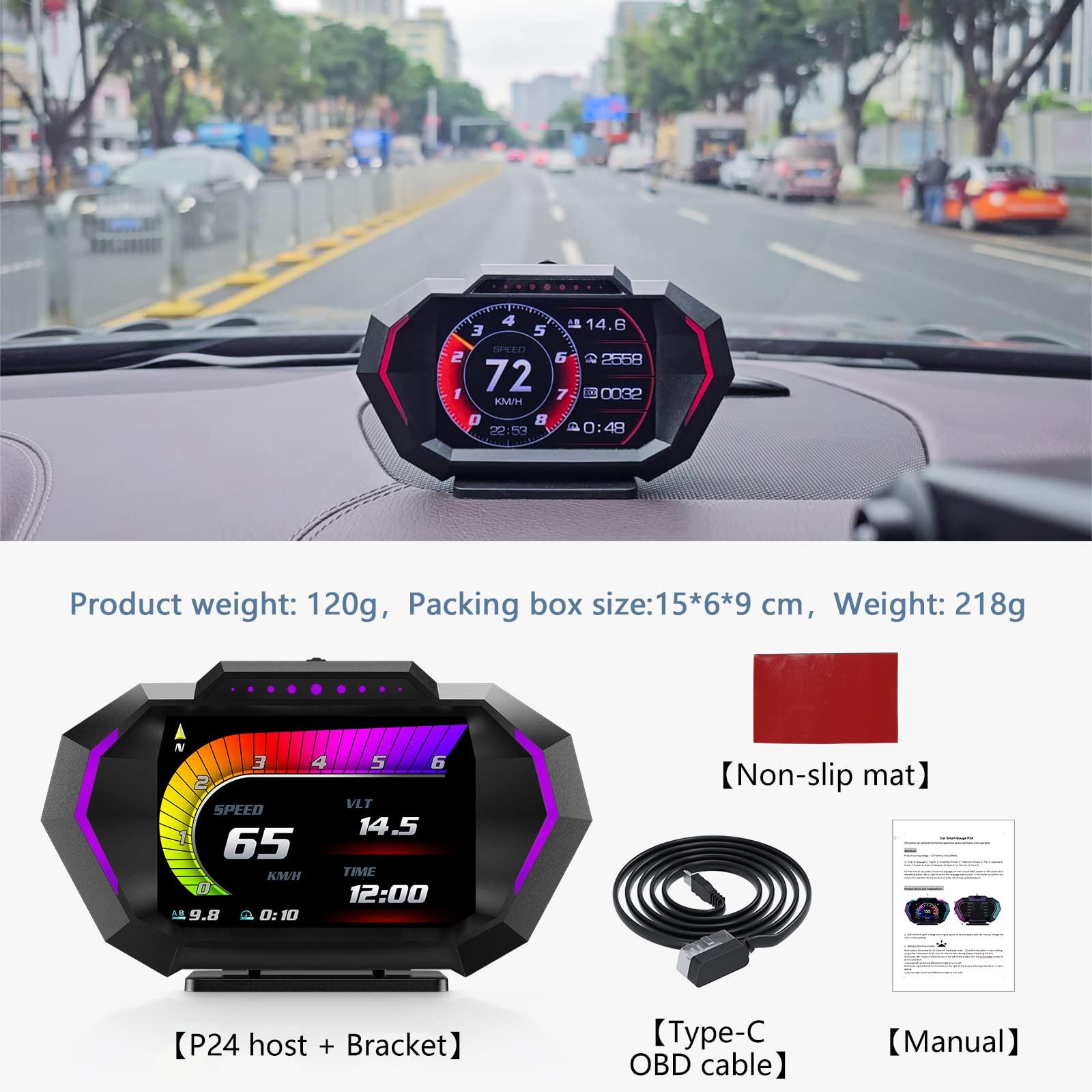 AZIJYV AZIJYV Obd2 Gauge Display with Speed, Heads Up Display for Cars P24, Fuel Consumption, RPM, Overspeed Alarm, OBD+GPS Digital Speedometer Suitable for All Car