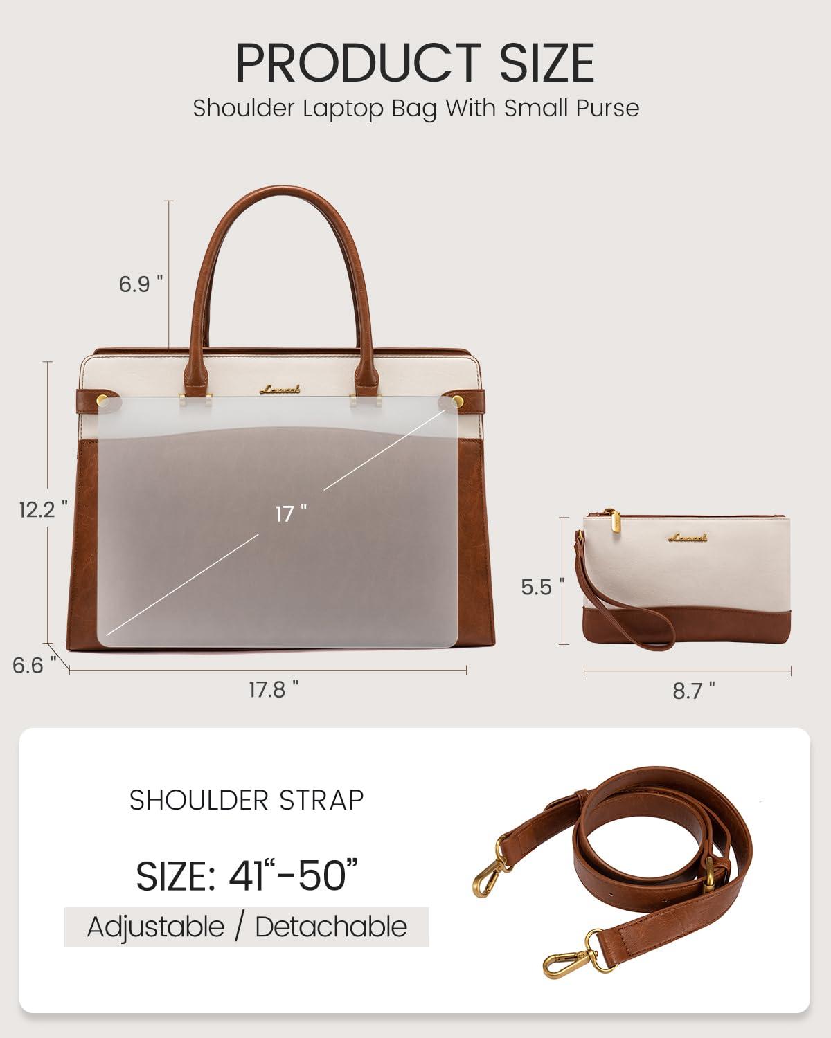 LOVEVOOK LOVEVOOK Laptop Bag for Women, Vintage Leather Laptop Tote Bag Work Bags for Women, Waterproof Computer Bag Business Office Briefcase Large Shoulder Handbag Purse, 17 Inch, Brown-Beige