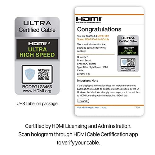 Zeskit Zeskit Certified 2.1 8K HDMI Cable 48Gbps 4K120Hz Compatible with Soundbar eARC HDR10 VRR Dolby Vision Atmos HDCP 2.2 2.3 PS5 Xbox Series X Apple TV Roku (Ultra High Speed, Maya CL3 In Wall Long 23ft)