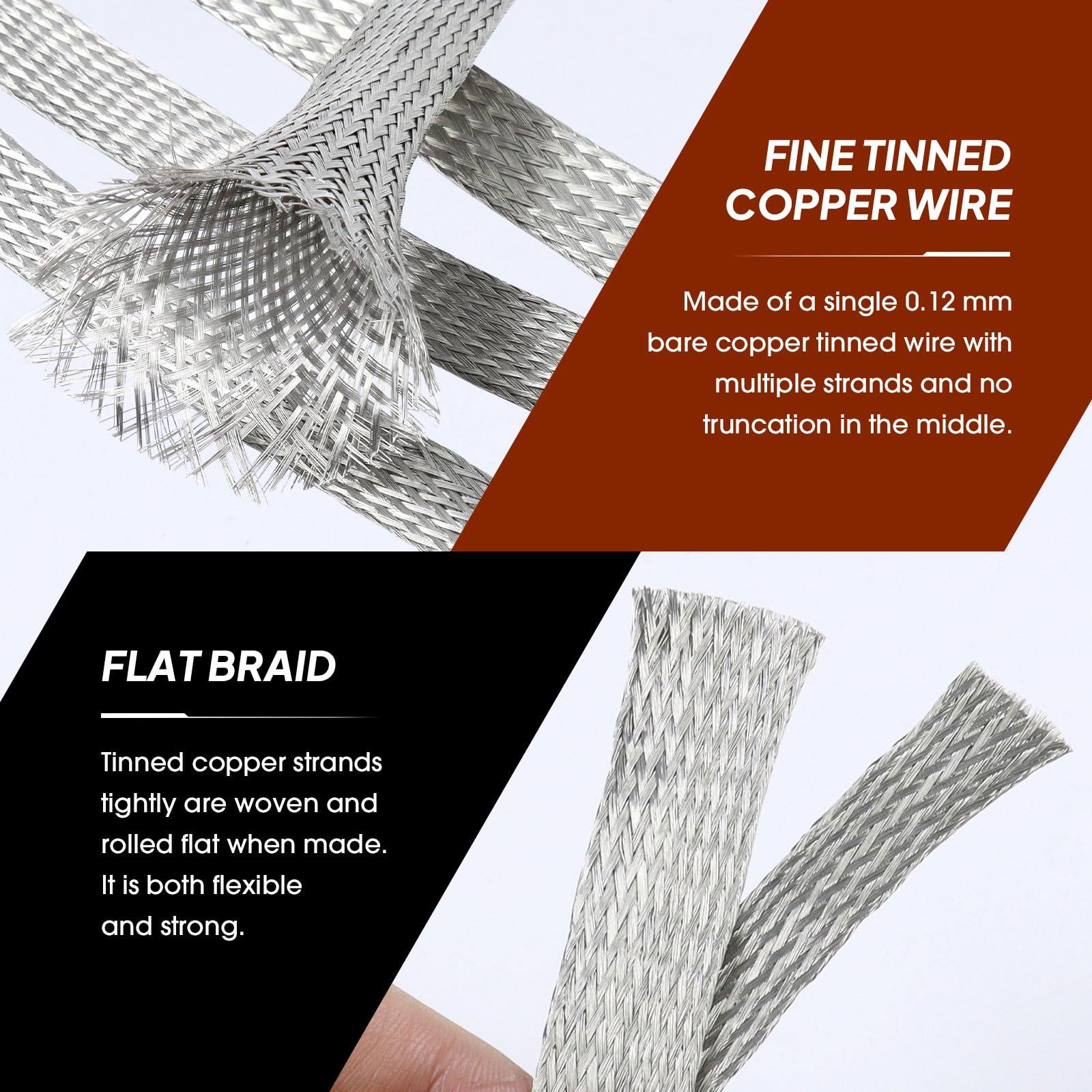 BuyUneed Tinned Copper Grounding Braid Straps Shielding Wire Sheathing Cable Sleeve Metal Flat Mesh Flexible Expandable (1/2 in Wide(0.32 in Dia)-15ft)