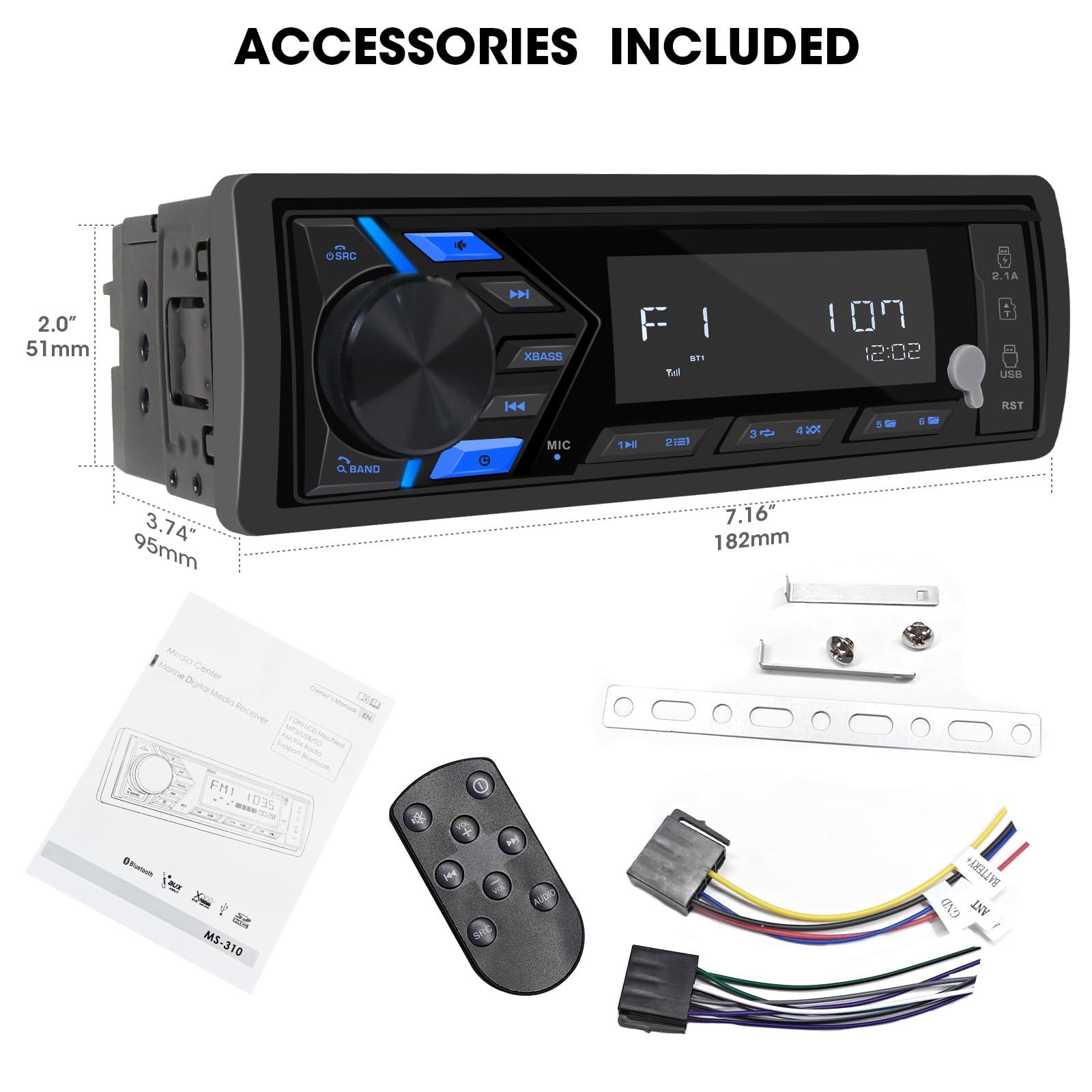 VOXXBASS Bluetooth Marine Stereo Single Din - Boat Radio Receiver - Digital LCD Screen AM FM USB 2.1 A Charging AUX-in 4 Volts Preamp Outputs 2 Subwoofer Ports Remote Control