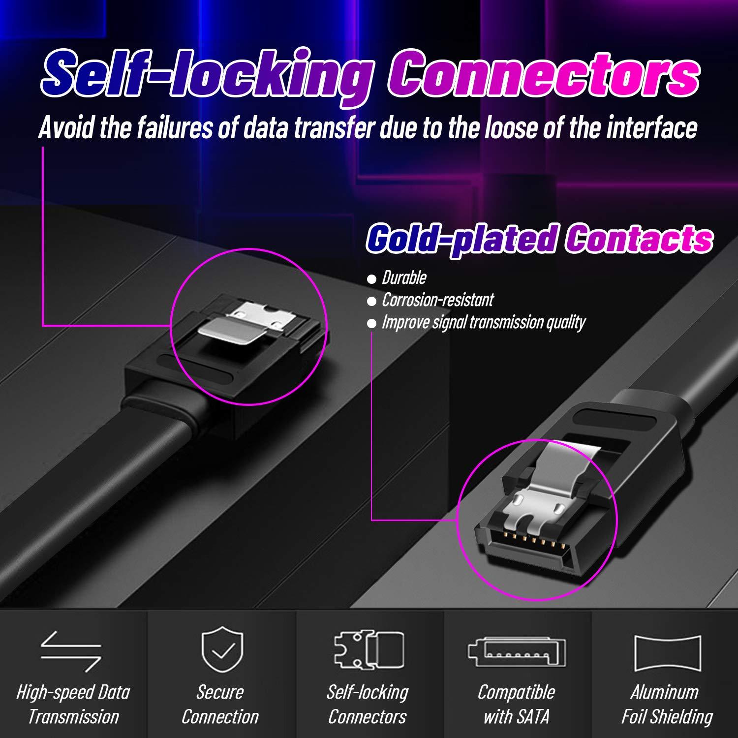 COCOMK SATA Cables III, SSD Data Cable 6.0 Gbps and SATA Power Splitter Cable 4 Pin to Dual 15 Pin Hard Drive Connection Cables Compatible with SATA Connectors, HDD, SSD, CD Driver, CD Writer, 6 Pack (Black)