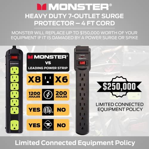 Monster Monster Workshop Heavy-Duty Garage Power Strip Surge Protector - Mountable Heavy-Duty Wide-Spaced 7 Grounded AC Outlets with 4ft Angled Flat Plug - 1200 Joules - ETL Listed