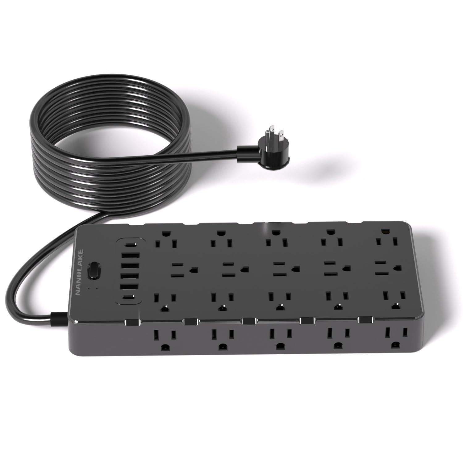 NANOLAKE Large Surge Protector Power Strip with USB Ports (4A+2C),Heavy Duty Extension Cord 14 Gauge 6.5 Ft,4000 Joules Surge Protection,25 Spaced AC Outlets,for Commercial,Home,Office,Dorm,Black,ETL Listed