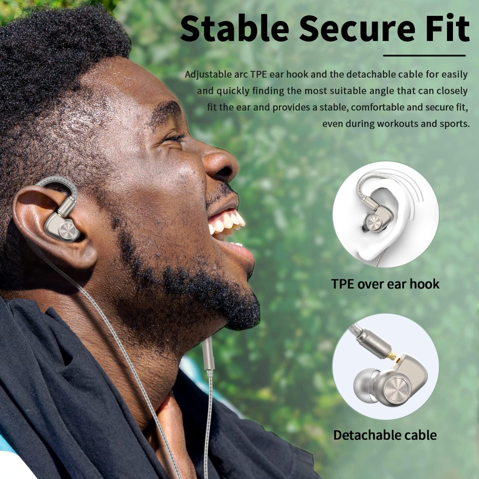 SoundMAGIC SoundMAGIC E90C Wired Earbuds with Microphone - Coaxial Dual Driver in Ear Monitor Earphones HiFi Stereo Over-Ear Hooks IEM Headphones with Detachable Cable for Musician Audiophile