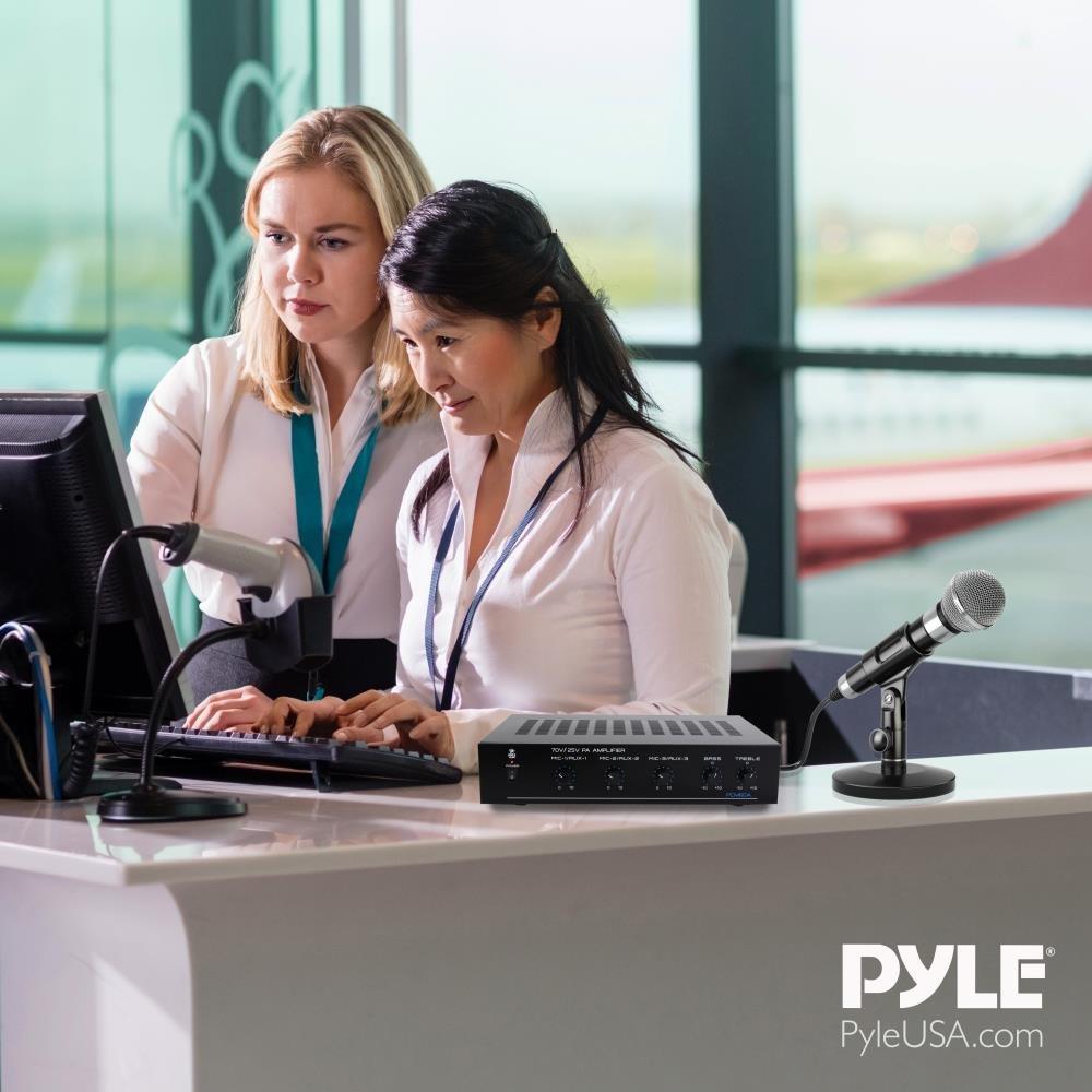 Pyle Pyle Compact Mini Home Power Amplifier - 100W Smart Indoor Audio Stereo Receiver w/ RCA, 3 Microphone IN, AUX, 25/70V Outputs, LED, Input Selector, For PA, Amplified Speaker Sound System PCM60A Black