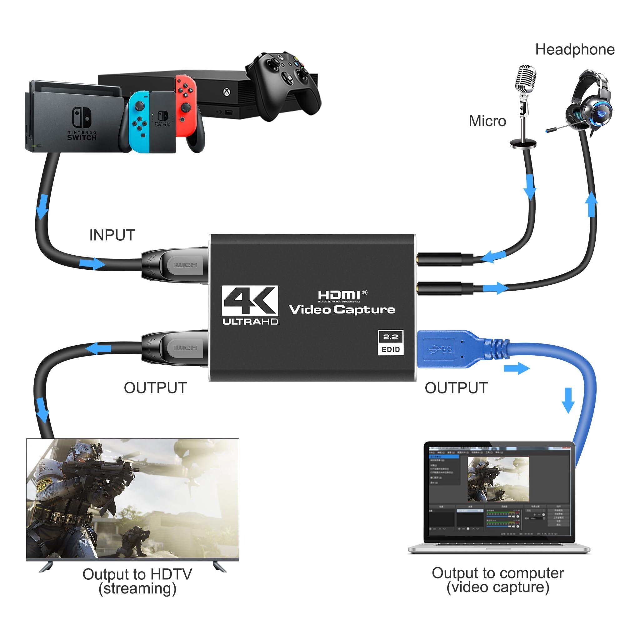 Dcyfol 4K HDMI Capture Card for Streaming, Full HD 1080P 60FPS USB Cam Link Game Audio Video Capture Card Nintendo Switch/PS5/3ds/Xbox/PS4 (Black)