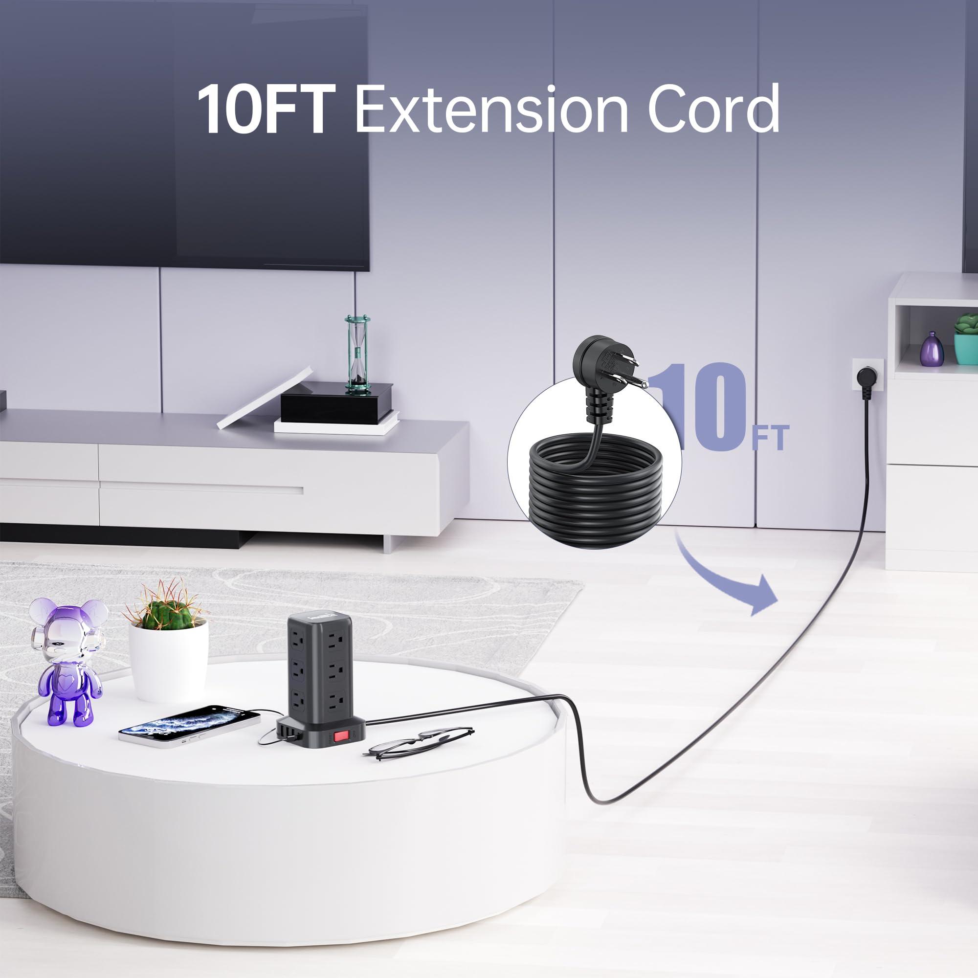 SMALLRT Surge Protector Power Strip Tower,10FT Extension Cord with Multiple Outlets, 12 AC 4 USB (1 USB C)Mini Power Strip with USB Ports, Surge Protector Tower Overload Protection for Office, Desk