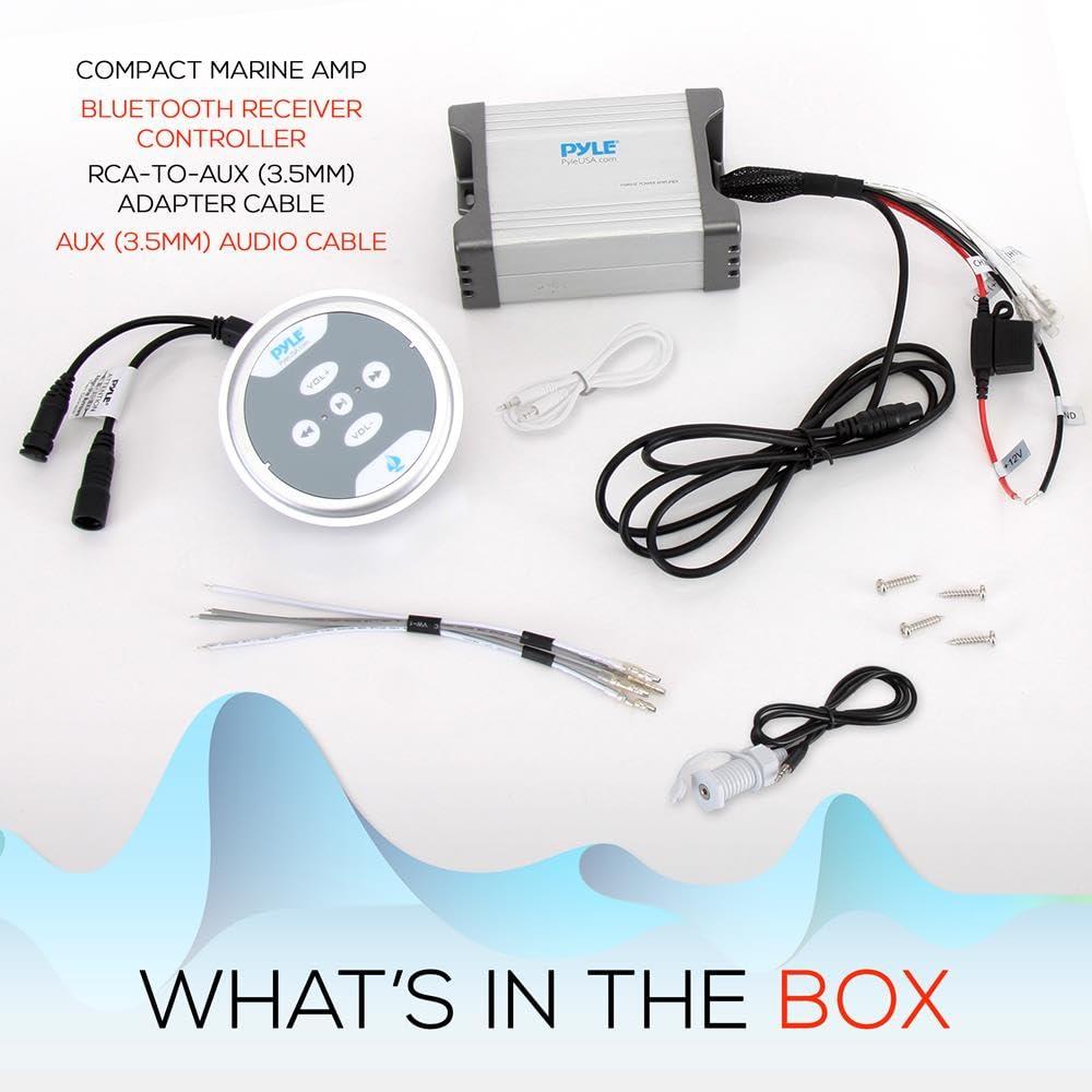 Pyle Pyle Waterproof Bluetooth Marine Amplifier Receiver - Weatherproof 2 Channel Wireless Amp for Stereo Speaker with 600 Watt Power, Wired RCA, AUX and MP3 Audio Input Cable, Silver