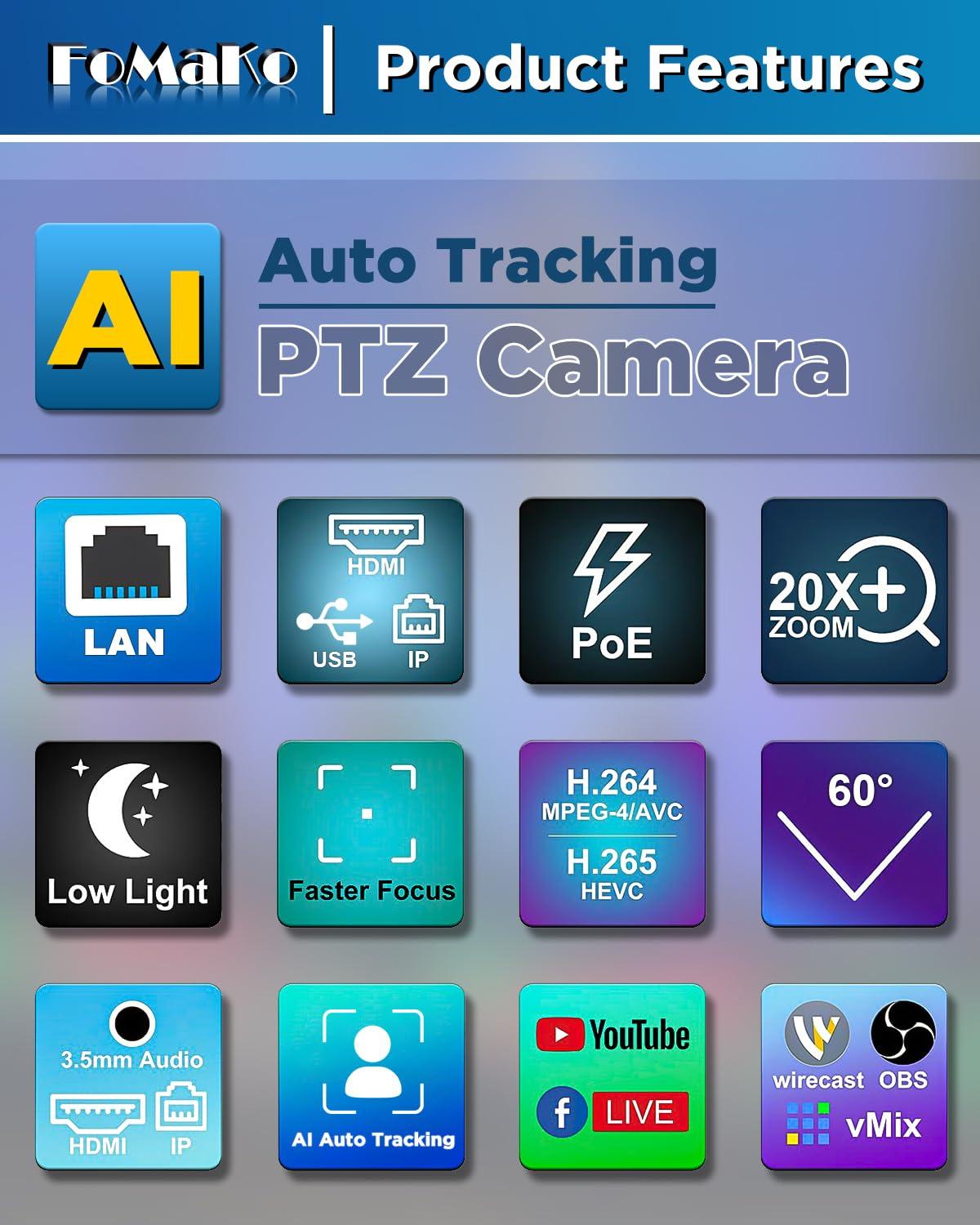 FoMaKo FoMaKo AI Auto Tracking HDMI PTZ Camera 20x Optical Zoom for Church Services Worship Education(2pcs) + KC608 Pro PTZ Controller (FMK12UH Prox2 + KC608 Pro)